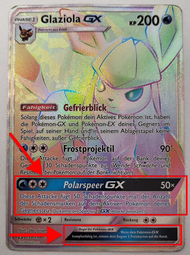 Holografische Pokémon-GX-Karte von Glaziola GX mit 200 KP. Eine rote Markierung hebt die GX-Attacke „Polarspeer GX“ hervor sowie die Regel für Pokémon-GX, die dem Gegner zwei Preiskarten gibt.