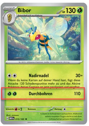 Pokémon-Karte Bibor mit rot markierter Attacke „Durchbohren“ für 110 Schadenspunkte