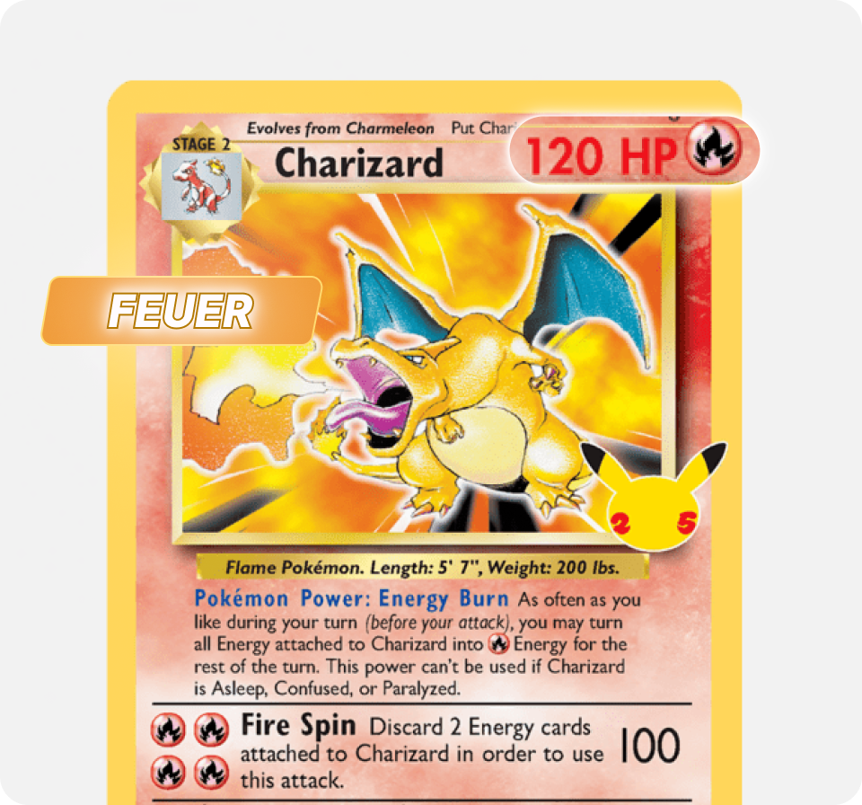 Nahaufnahme einer Charizard-Pokémon-Karte mit einem Pfeil, der auf das Feuersymbol mit der Aufschrift "Feuer" zeigt.