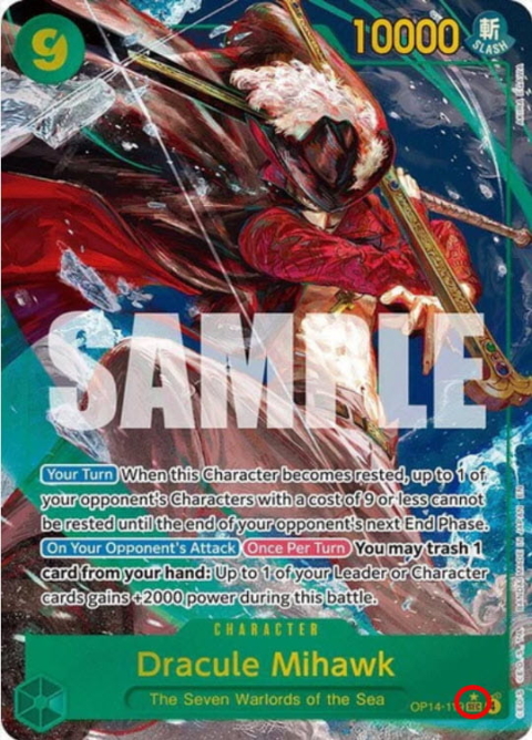 Eine Sammelkarte, auf der Dracule Mihawk mit einem Schwert zu sehen ist, mit Spielwerten und einer Beschreibung seiner Fähigkeiten am unteren Rand sowie dem Vermerk „Die sieben Kriegsherren der Meere“.