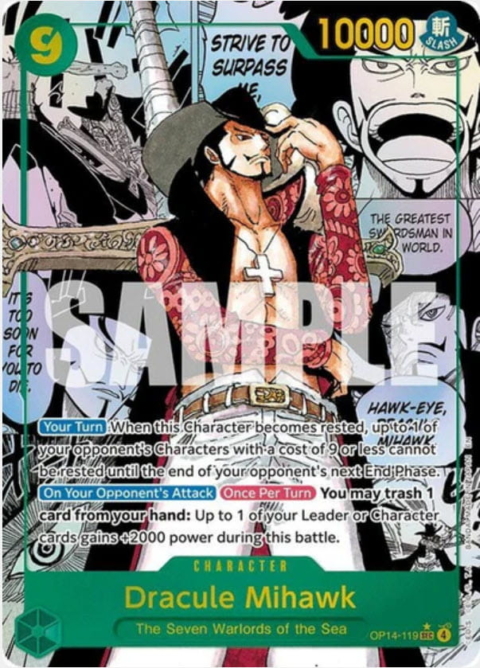 Eine Sammelkarte mit Dracule Mihawk aus „One Piece“, mit Spielwerten, Fähigkeiten und einer farbenfrohen Illustration im Manga-Stil im Hintergrund.