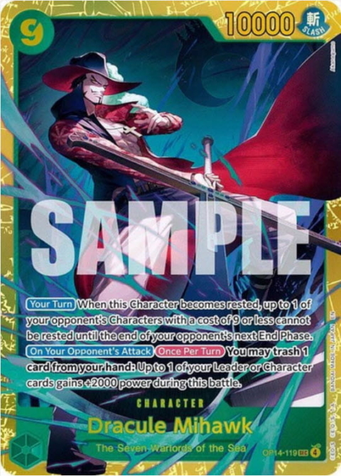 Eine Sammelkarte mit Dracule Mihawk, der ein Schwert trägt, mit Werten, Fähigkeiten und farbenfrohen Designelementen, beschriftet mit „Die sieben Kriegsherren der Meere“.