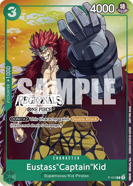 Eine Sammelkarte mit Eustass „Captain“ Kid aus One Piece, auf der seine Werte, Fähigkeiten und das Logo des regionalen Turniers über dem Charakterbild zu sehen sind.