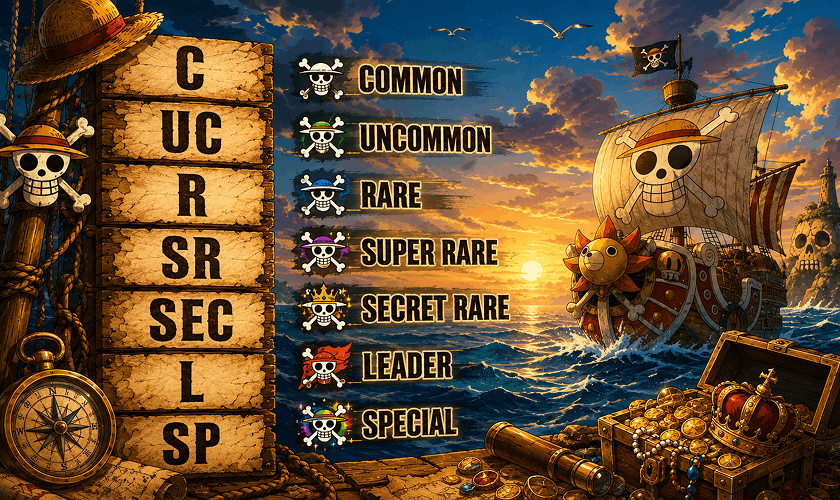 In einer Tabelle sind die Seltenheitsstufen der Karten – „Common“, „Uncommon“, „Rare“, „Super Rare“, „Secret Rare“, „Leader“ und „Special“ – neben Requisiten zum Thema Piraten und einem Schiff auf dem Meer unter einem dramatischen Himmel aufgeführt.
