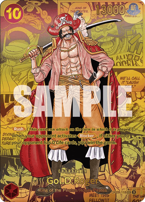 Sammelkarte im Anime-Stil, auf der ein muskulöser, schnurrbärtiger Piratenkapitän mit rotem Mantel, großem Hut und Schwert selbstbewusst dasteht; im Hintergrund sind Illustrationen im Comic-Stil zu sehen.