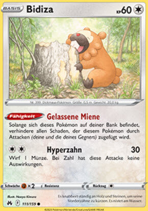 Eine deutsche Pokémon-Sammelkarte, auf der Bidiza mit 60 KP abgebildet ist und seine Fähigkeiten "Gelassene Miene" und "Hyperzahn" zeigt, zusammen mit den entsprechenden Spielinformationen.