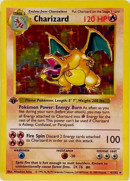 Eine Charizard-Pokémon-Sammelkarte mit Charizard mit 120 KP, Angriffsdetails, Fähigkeiten und Spielinformationen auf gelbem Hintergrund.