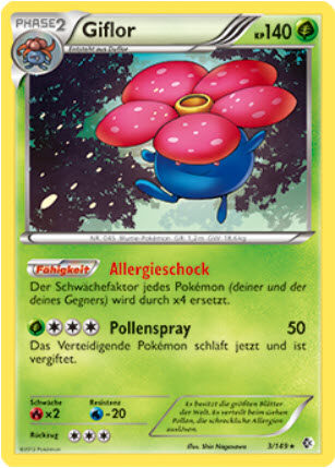 Eine Giflor-Pokémonkarte mit 140 KP, die die Fähigkeiten Allergieschock und Pollenspray zeigt. Die Karte hat grüne Ränder und zeigt Giflor mit großen rosa Blütenblättern.