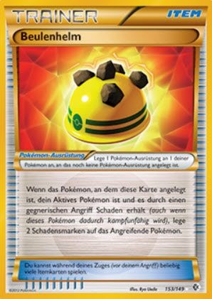 Eine Pokémon-Sammelkarte mit dem Titel "Beulenhelm", die einen gelb-schwarzen Helm mit Stacheln vor orangefarbenem Hintergrund zeigt. Der Text beschreibt seine Wirkung im Spiel.