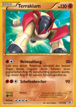 Eine deutsche Terrakium-Pokémonkarte, die Terrakium in einer Action-Pose zeigt, mit Details zu Attacken und Werten.