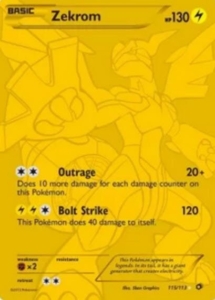 Eine gelbe Pokémon-Sammelkarte, die Zekrom mit 130 HP zeigt. Sie führt zwei Attacken auf: Empörung und Bolzenschlag, sowie deren Schaden und Effekte.