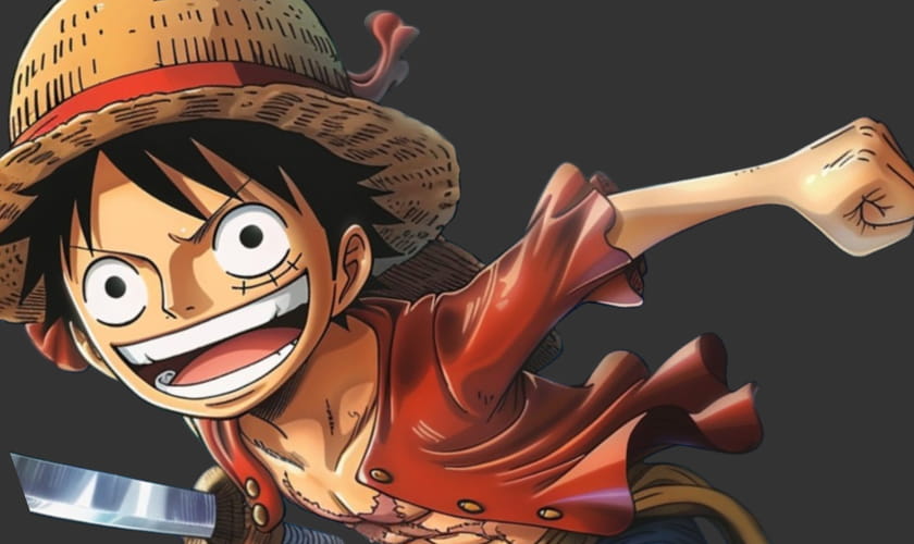 Anime-Figur mit Strohhut und rotem Hemd, die mit erhobener Faust lächelt und ein Schwert in der Hand hält, dargestellt vor einem dunklen Hintergrund.