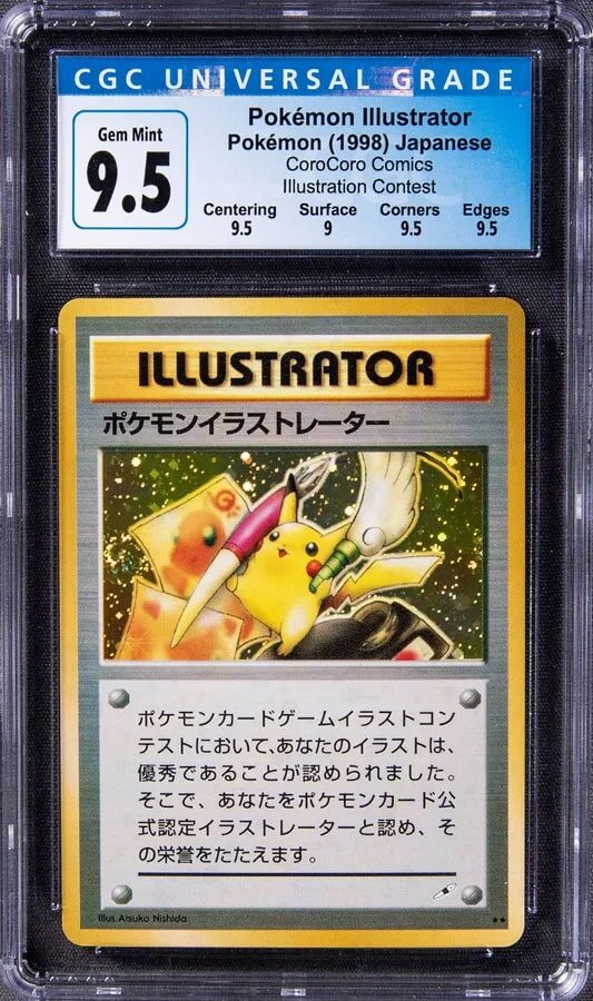 Eine bewertete Pokémon Illustrator-Karte in einer CGC-Hülle mit der Bezeichnung „Gem Mint 9.5“, mit Pikachu und japanischem Text unter dem Kartentitel.