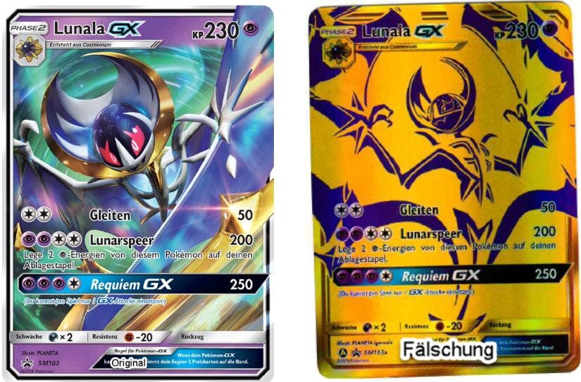 Zwei Lunala GX Pokémon-Karten nebeneinander; die linke Karte hat detaillierte Illustrationen und Farben, während die rechte Karte ein goldenes, vereinfachtes Design hat und mit „Fälschung“ beschriftet ist.