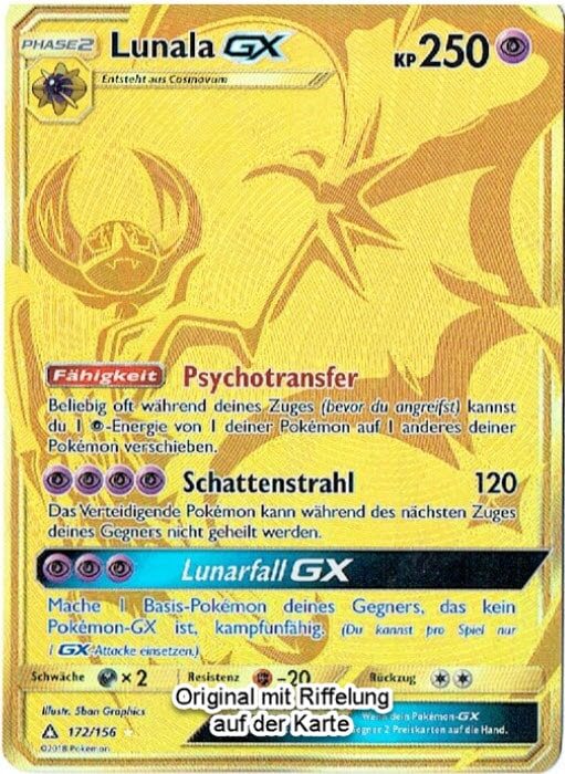 Eine deutsche Lunala GX Pokémon-Karte mit gelben holografischen Details, die Statistiken, Bewegungen und Fähigkeiten in schwarzem und violettem Text zeigt.