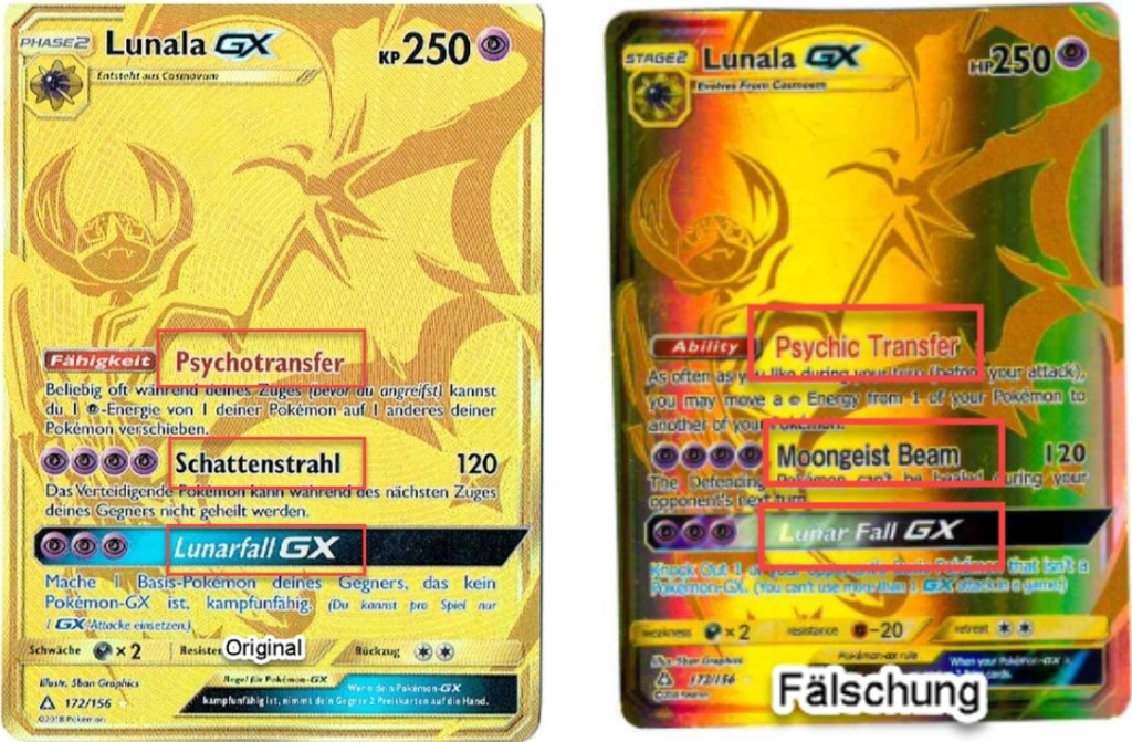 Zwei Lunala GX Pokémon-Karten nebeneinander; die linke Karte trägt die Aufschrift „Original“ und die rechte Karte die Aufschrift „Fälschung“, wodurch Unterschiede in Fähigkeiten und Text hervorgehoben werden.