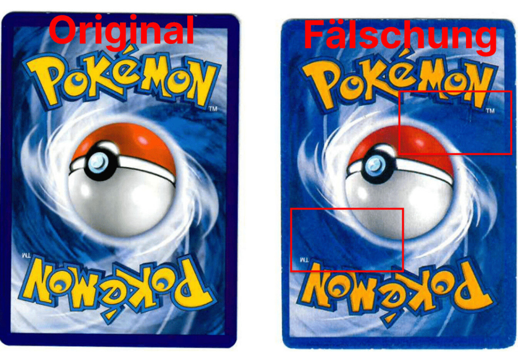 Nebeneinanderstellung einer echten und einer gefälschten Pokémon-Karte, wobei Unterschiede in Farbe und Druckdetails auf der Kartenrückseite hervorgehoben werden. „Original“ und „Fälschung“ sind in roter Schrift gekennzeichnet.