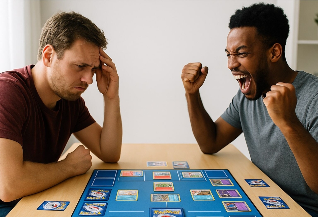 Zwei Männer sitzen an einem Tisch und spielen Karten; der eine sieht frustriert aus und hält sich die Hand auf die Stirn, während der andere mit erhobenen Fäusten und offenem Mund feiert, vielleicht nachdem er ein Spiel mit Pokemonkarten gewonnen hat.