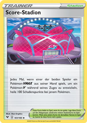 Eine Pokémon-Sammelkarte mit dem Titel "Score-Stadion", die ein stilisiertes Stadion zeigt; der Kartentext ist auf Deutsch und sie ist als Trainer-Stadionkarte gekennzeichnet.