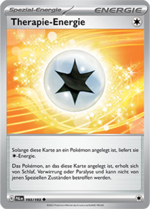 Eine Pokémon-Karte mit dem Titel "Therapie-Energie", die ein Stern-Symbol auf einem leuchtenden Hintergrund und einen deutschen Text zur Beschreibung der Wirkung zeigt.