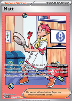 Eine rothaarige Figur in einem Laborkittel studiert eine Bratpfanne und steht in einer küchenähnlichen Umgebung mit Pokébällen und Utensilien im Hintergrund; deutsche Pokémon-Trainerkarte.
