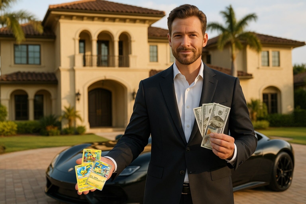 Ein Mann im Anzug hält mehrere Pokémon-Karten in der einen und 100-Dollar-Scheine in der anderen Hand und steht vor einem schwarzen Auto und einer Villa.