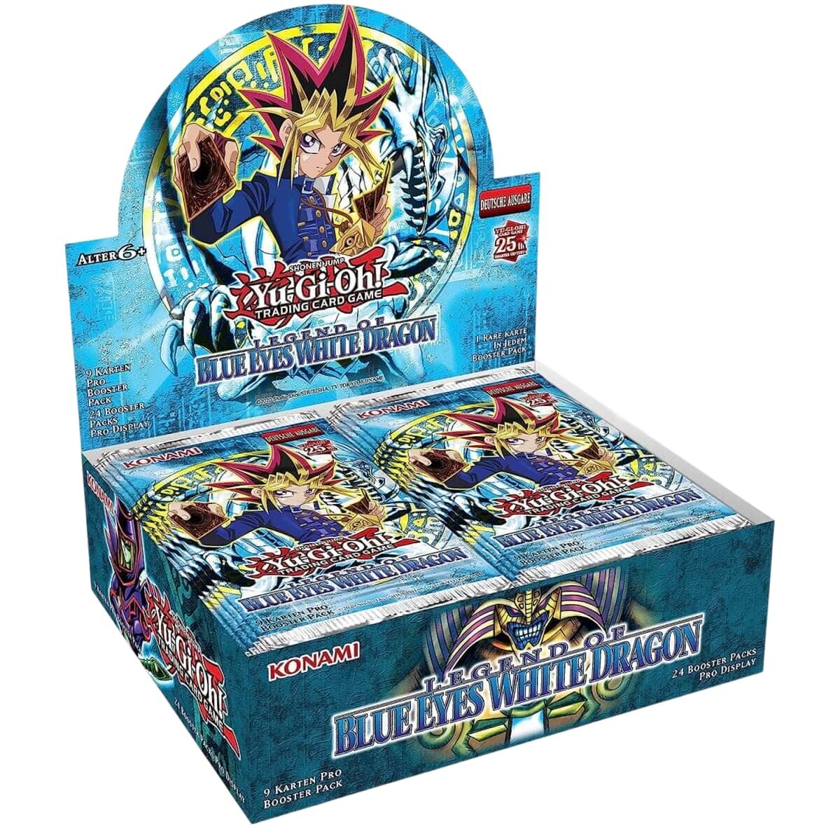 Eine Displaybox mit Yu-Gi-Oh! Sammelkarten-Boosterpacks mit dem Blauäugigen-Weißen-Drachen-Thema und Charaktergrafiken auf der Verpackung.