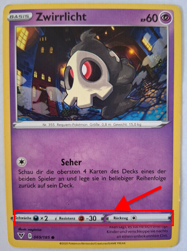 Pokémon-Karte von Zwirrlicht mit 60 KP. Eine rote Markierung hebt die Kampfattribute hervor, darunter Schwäche gegen Finsternis, Resistenz gegen Kampf und Rückzugskosten.