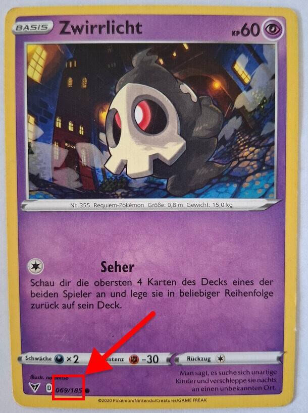 Pokémon-Karte von Zwirrlicht mit 60 KP. Eine rote Markierung hebt die Kartennummer 069/185 unten links auf der Karte hervor.