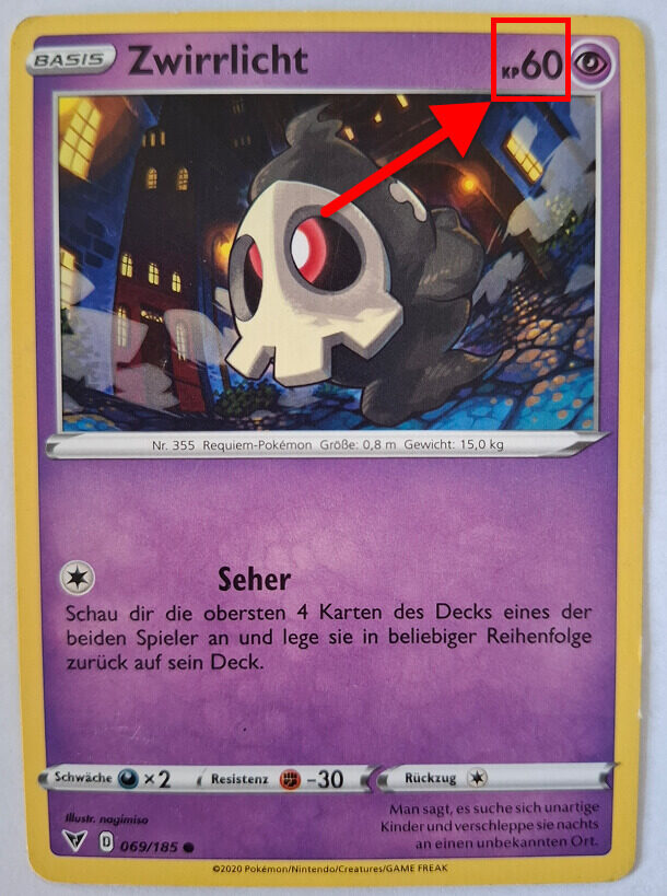 Pokémon-Karte von Zwirrlicht mit 60 KP. Eine rote Markierung hebt die KP-Zahl in der oberen rechten Ecke hervor.