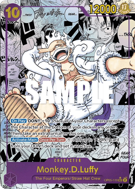 Eine Sammelkarte mit Monkey D. Luffy in einer dynamischen Pose, auf der rund um die Charakterillustration Spielinformationen, Werte und Fähigkeiten angegeben sind.