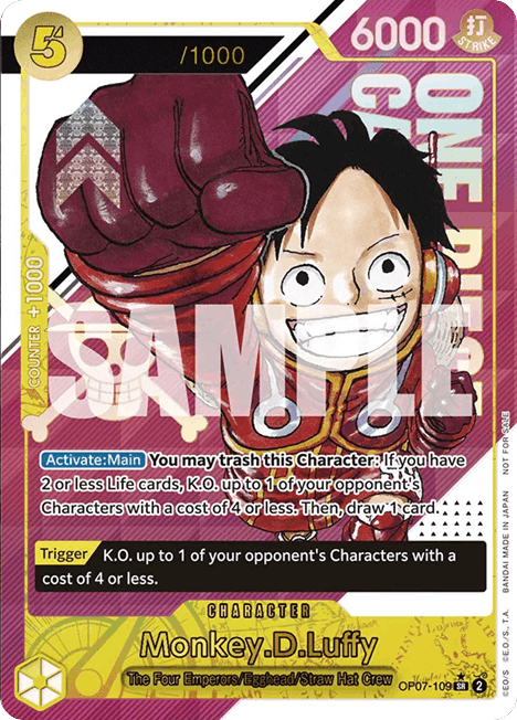 Eine Monkey D. Luffy-Sammelkarte aus dem „One Piece“-Kartenspiel mit Werten, Fähigkeiten und einer farbenfrohen Illustration, auf der Luffy lächelnd die Faust reckt.