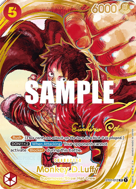Eine Sammelkarte mit Monkey D. Luffy, auf der seine Werte, Fähigkeiten und eine Abbildung von ihm in einer dynamischen Pose vor einem rot-gelben Hintergrund zu sehen sind.