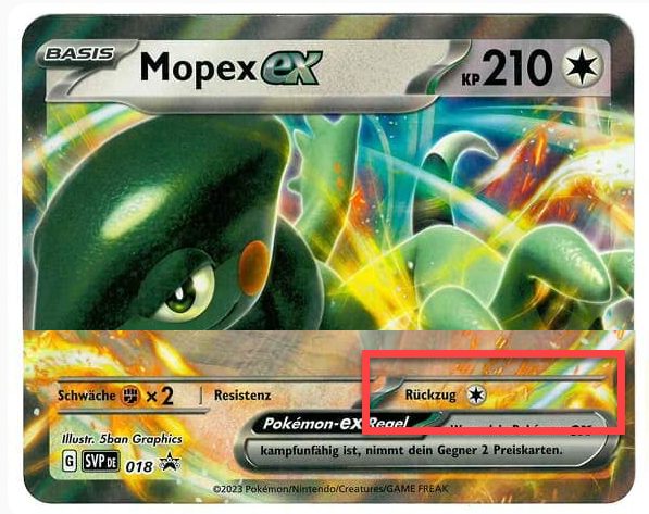 Pokémon-Karte Mopex ex mit rot markierten Rückzugskosten unten auf der Karte
