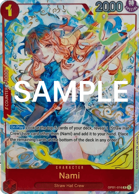 Eine Sammelkarte mit der Figur Nami aus „One Piece“, auf der Spielwerte und Fähigkeiten angegeben sind; über die gesamte Karte verläuft ein Beispiel-Wasserzeichen