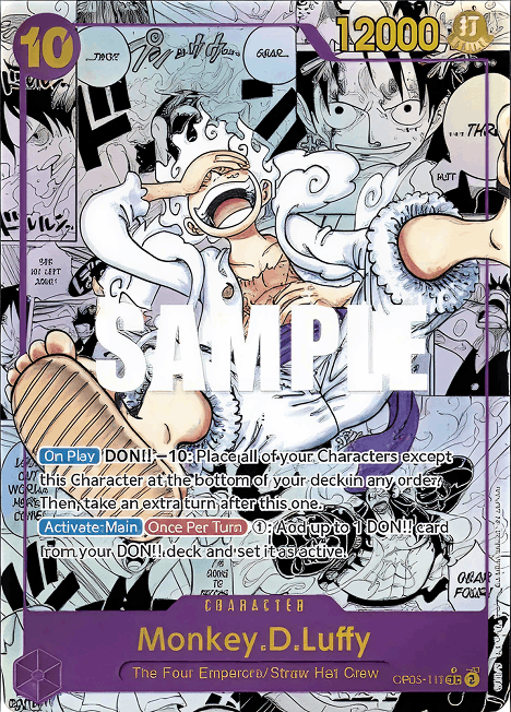 Eine Sammelkarte mit Monkey D. Luffy in einer dynamischen Pose, auf der Spielwerte, Fähigkeiten und dekorative Elemente rund um die Figur abgebildet sind.