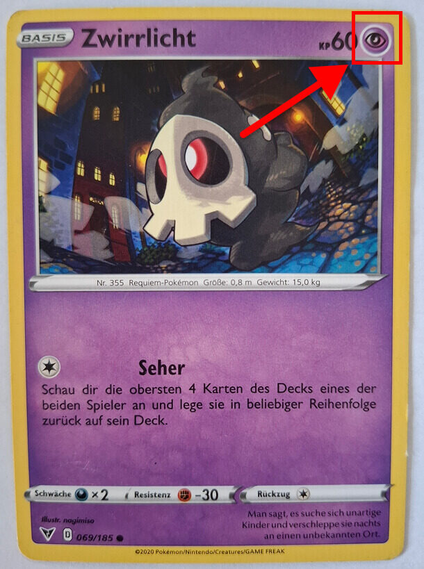 Pokémon-Karte von Zwirrlicht mit 60 KP. Eine rote Markierung hebt das Psycho-Typ-Symbol in der oberen rechten Ecke der Karte hervor.