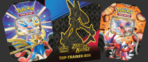 Drei Pokémon Trading Card Game Produkte: zwei Sammeldosen mit Zamazenta und Zacian und eine schwarze Top-Trainer-Box mit einer Lucario-Silhouette und dem Text "Zent der Könige".