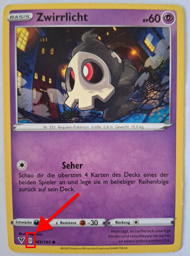 Pokémon-Karte von Zwirrlicht mit 60 KP. Eine rote Markierung hebt das Regelzeichen unten links auf der Karte hervor, das angibt, in welcher Spielgeneration die Karte verwendet werden kann.