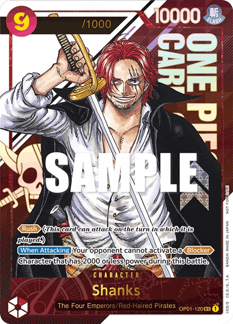 Eine Sammelkarte mit Shanks aus „One Piece“, der ein Schwert in der Hand hält und grinst. Die Kartendaten, Fähigkeiten und der Text „SAMPLE“ sind deutlich sichtbar dargestellt.