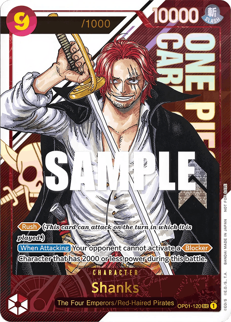 Eine Sammelkarte mit Shanks aus „One Piece“, der ein Schwert in der Hand hält und lächelt. Auf der Karte sind Spielwerte, Fähigkeiten und der Name der Figur am unteren Rand angegeben. Über das Bild ist der Stempel „SAMPLE“ aufgedruckt.