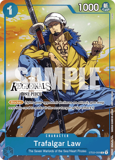 Charakterkarte „Trafalgar Law“ aus dem One Piece-Kartenspiel, auf der Law mit einem Schwert sitzend abgebildet ist. Enthält Spielwerte, Fähigkeiten und das Logo des regionalen Turniers.